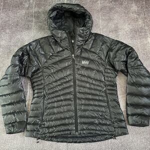 Women's REI Co Op Black Hooded Goose Down Full Zip Up Puffer Coat Jacket Sz L